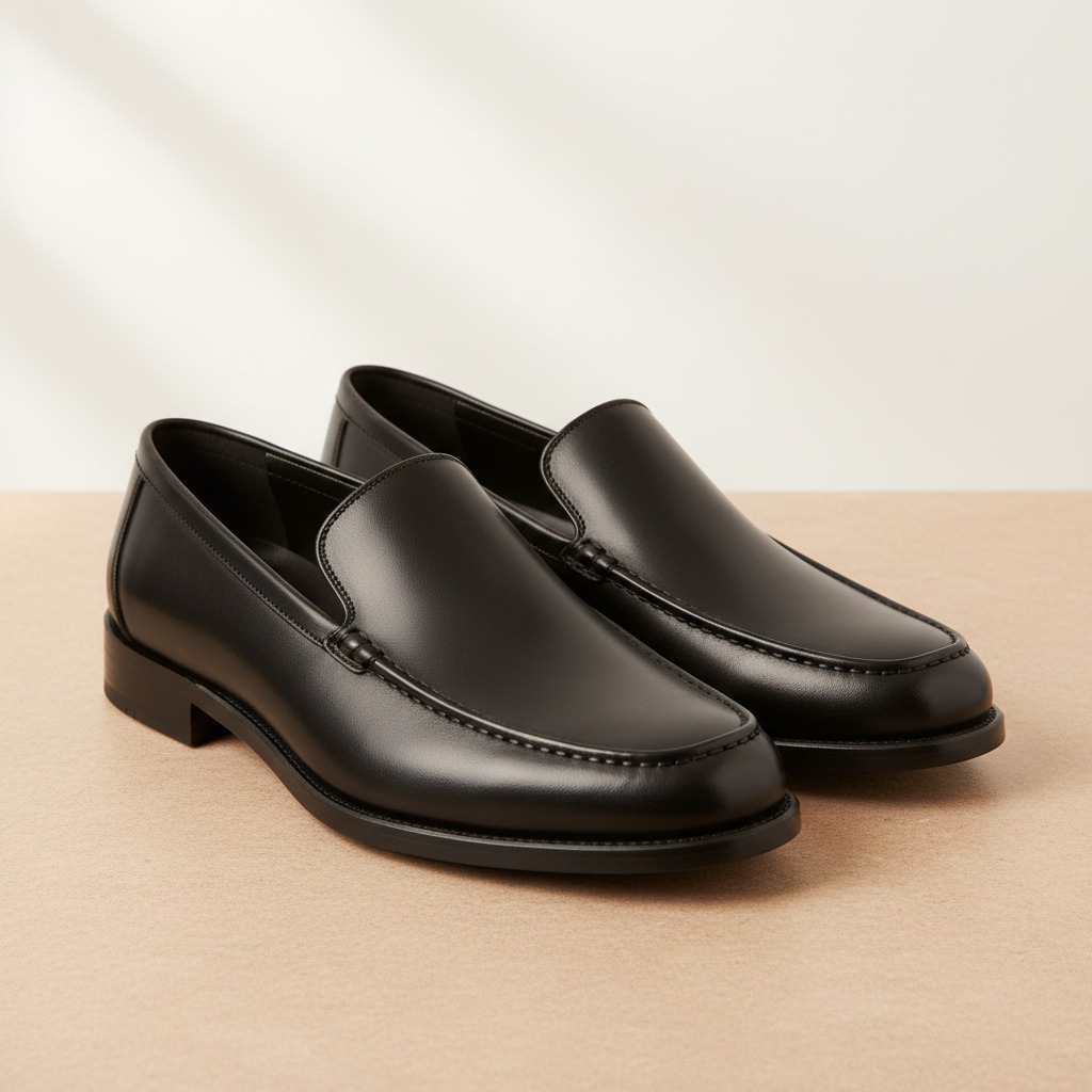 Black Apron Loafer — A black uninterrupted vamp framed by an apron seam.