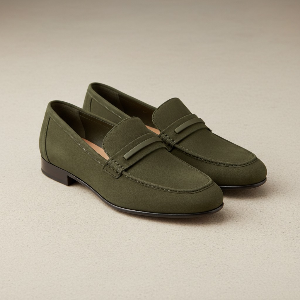 Olive Bar Loafer — A deep olive vamp crossed by a small straight bar detail.