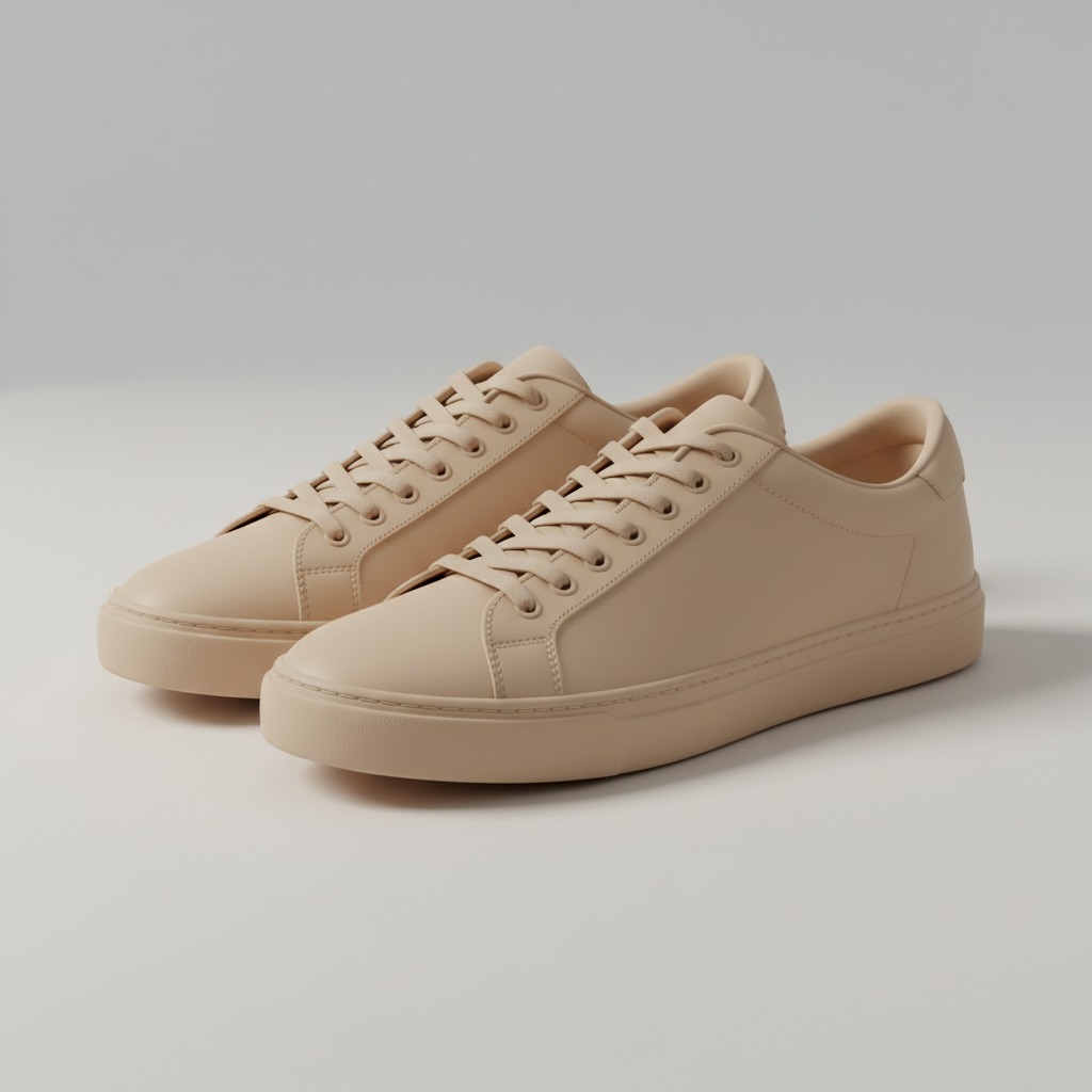 Sand Cupsole Sneaker — A sand-coloured smooth upper on a rounded cupsole.