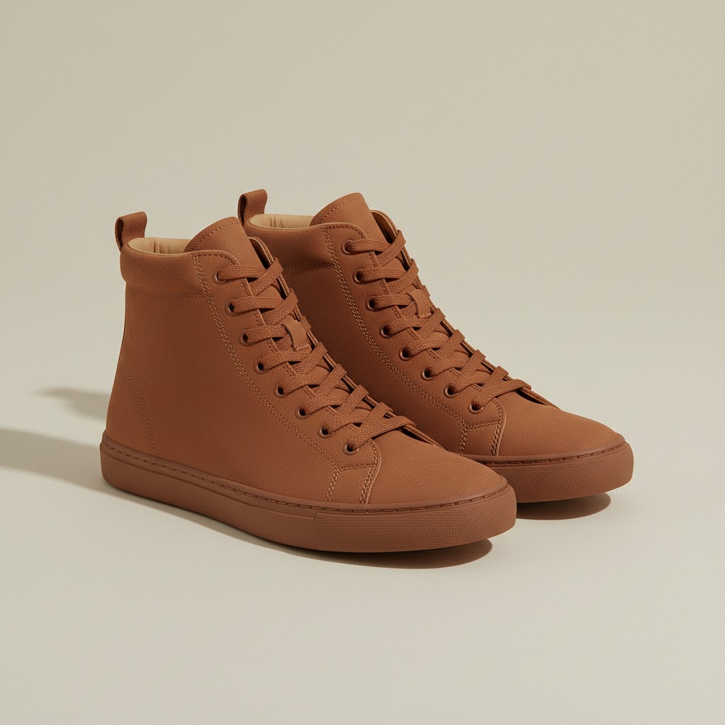 Rust High-Top Sneaker — An ankle-height rust upper with a longer lace-up front.