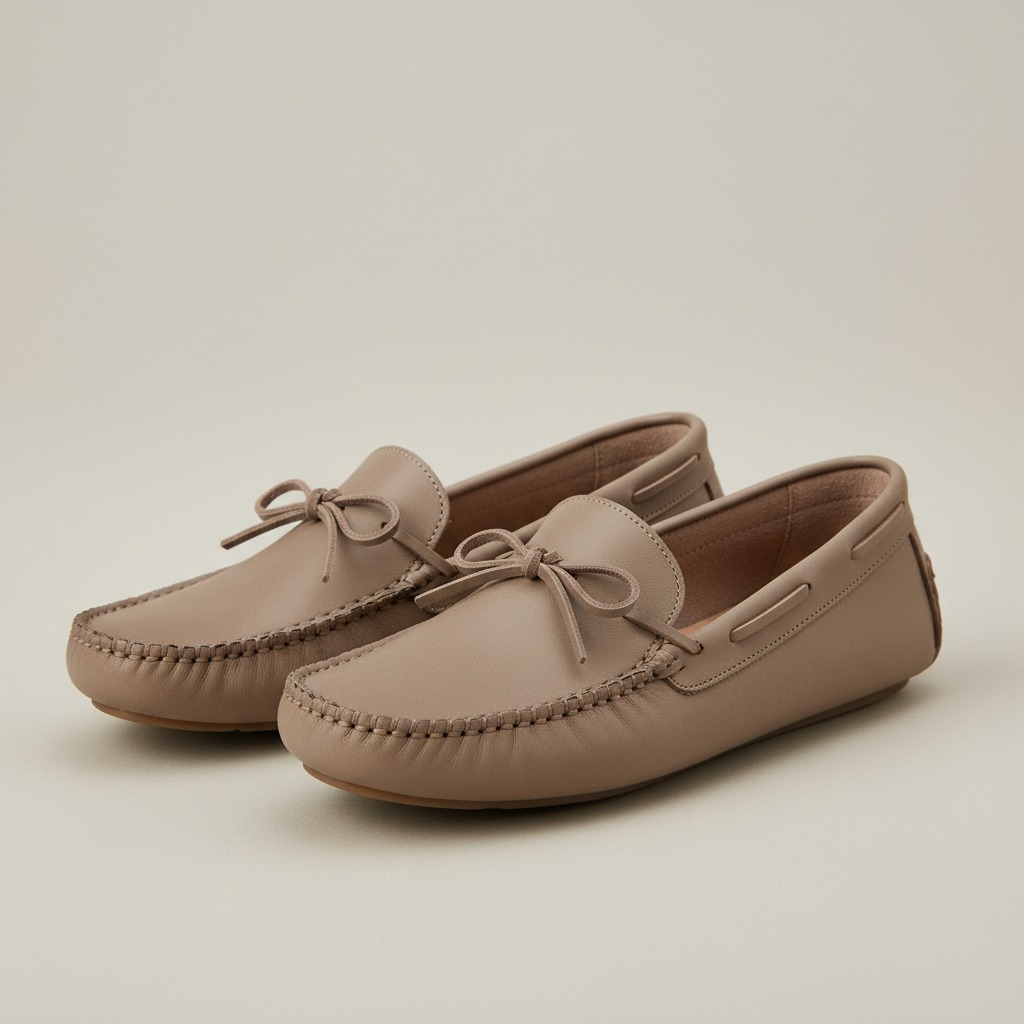 Taupe Moccasin Loafer — A taupe low-profile silhouette with toe-edge stitching and a small vamp bow.