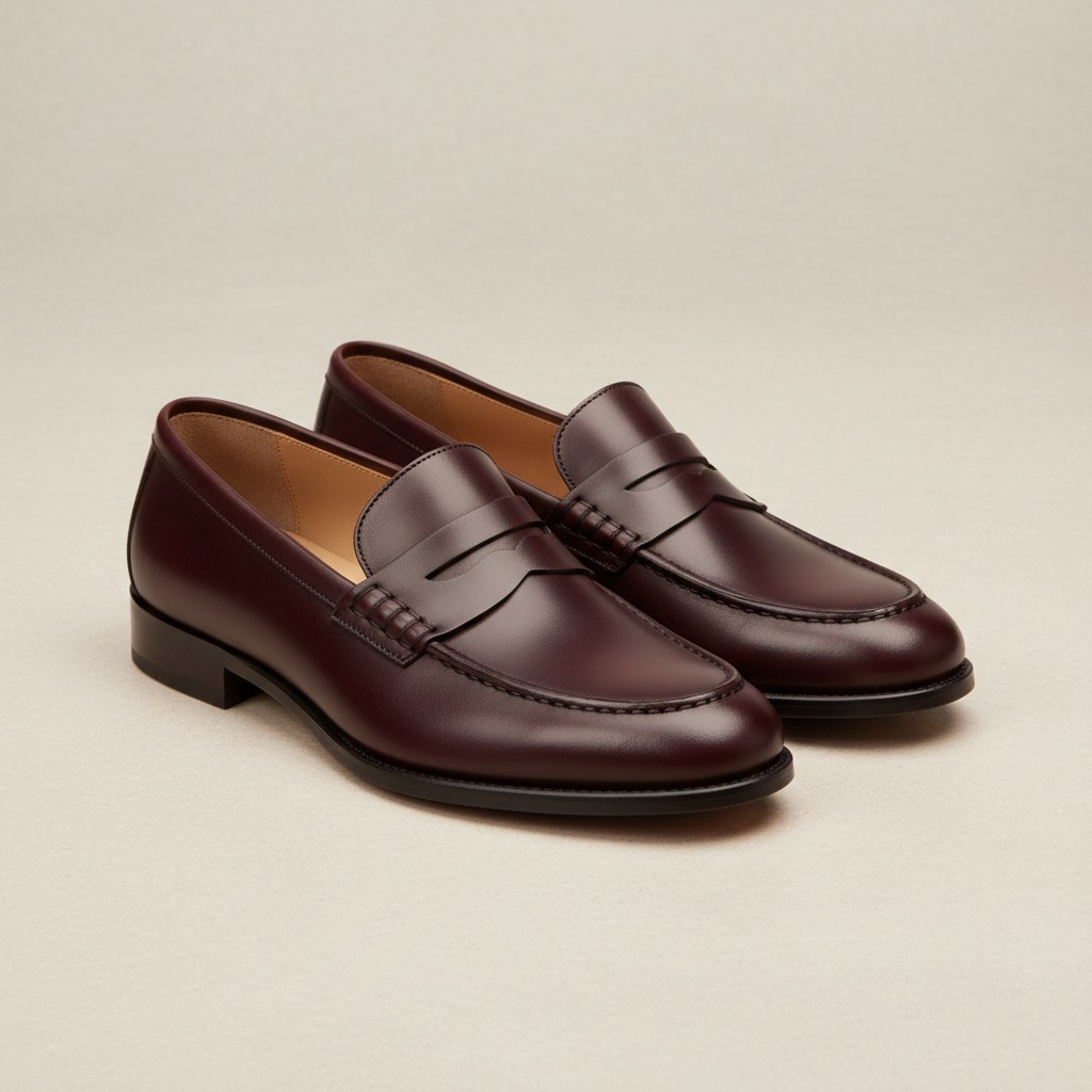 Burgundy Penny Loafer — A dark burgundy vamp strap with a central penny-style slot.