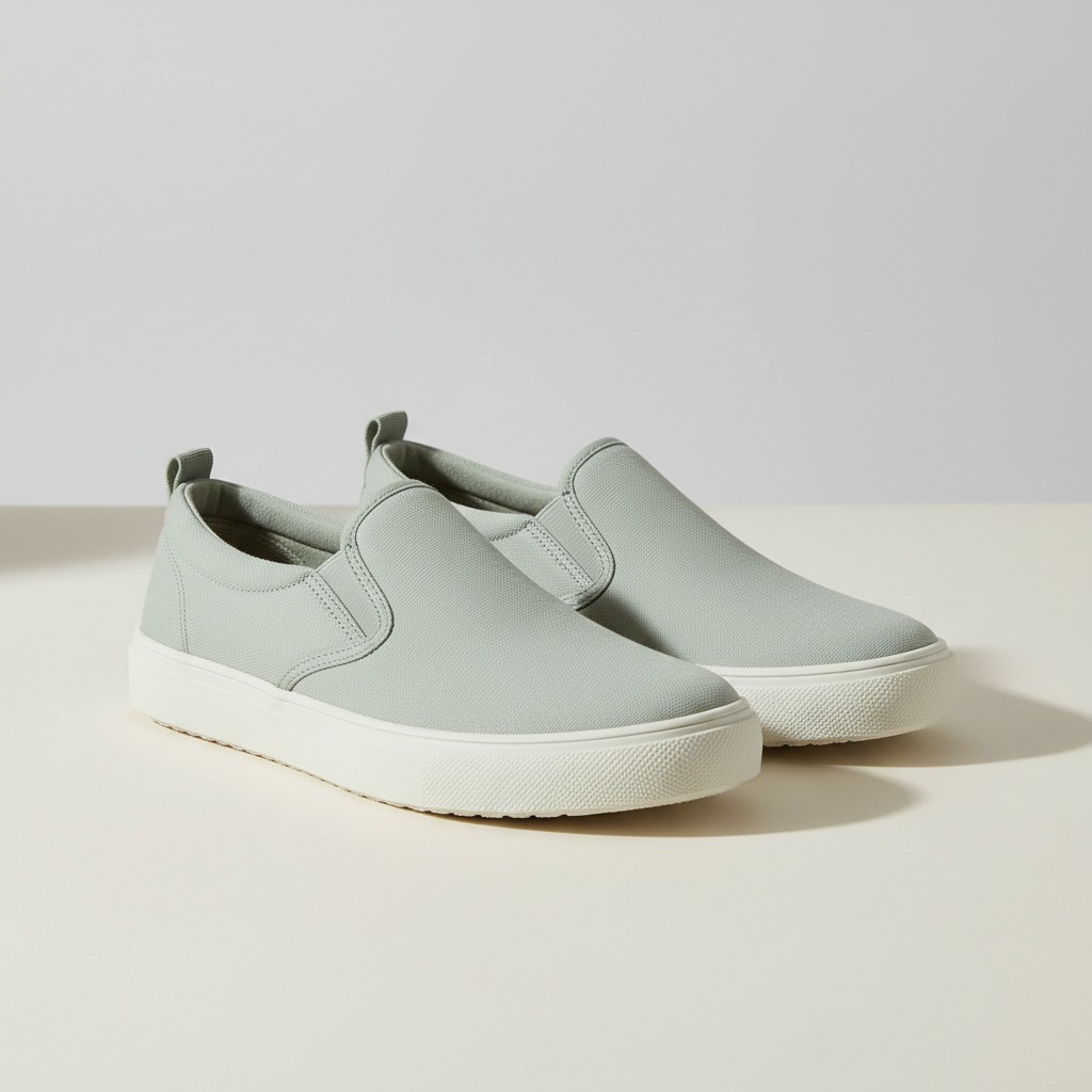 Sage Slip-On Sneaker — A sage-grey laceless upper with elastic side gussets.