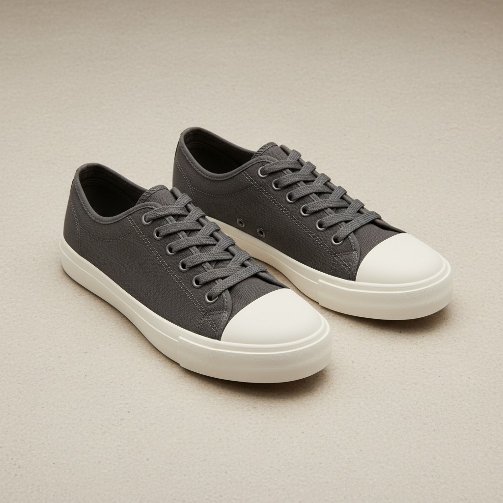 Chalk Toe-Cap Sneaker — A charcoal low-top, contrasting rounded toe cap and flat sole.